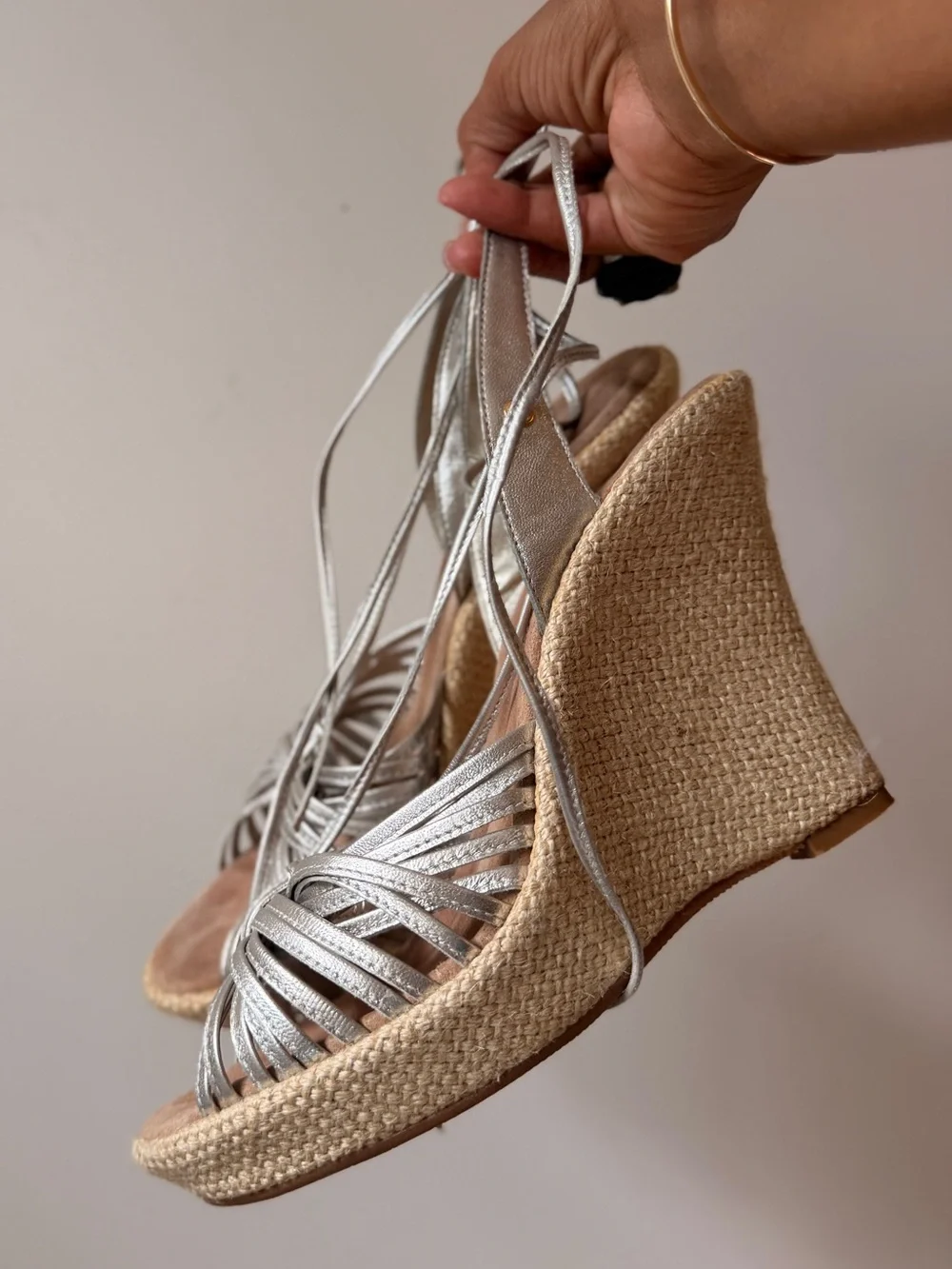 Unisa Silver Espadrille Wedge Lace-Up Sandals
